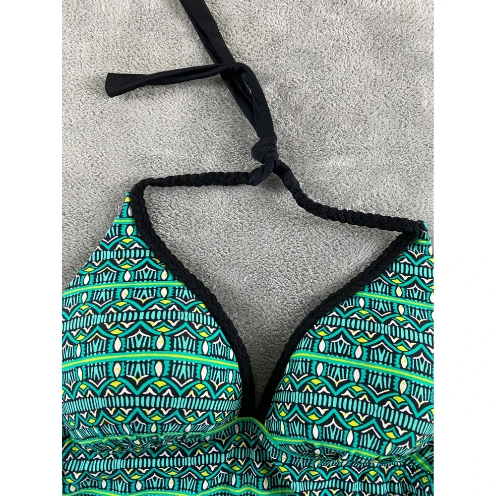 Aqua Couture Womens Green Tribal Geometric Push Up Halter Tankini Top Size M NEW